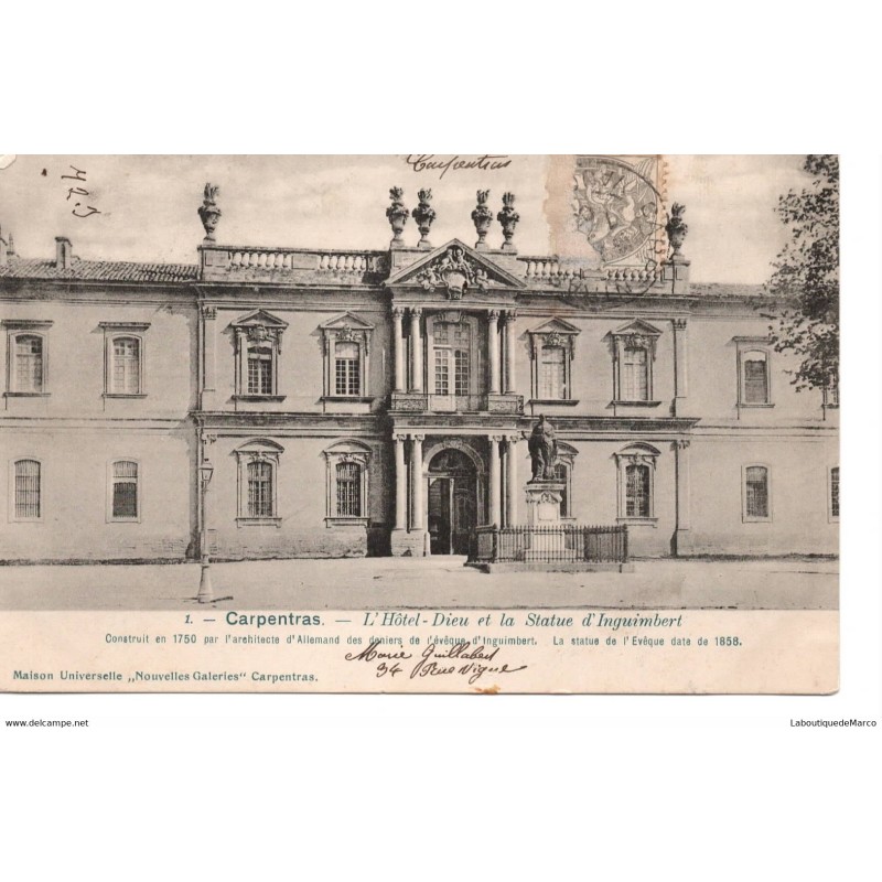 84 - Carpentras - L'Hôtel-Dieu et la Statue d'Inguimbert - Dos non Divisé