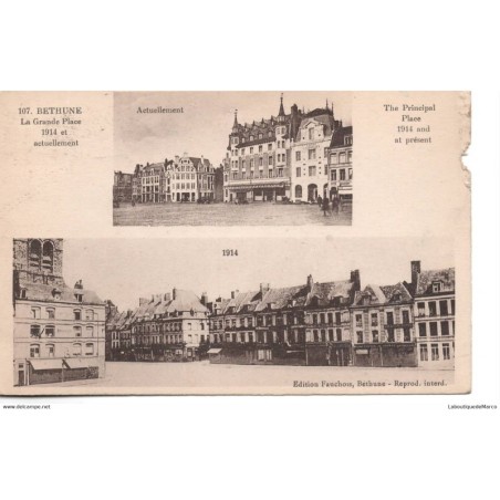 59 - Bethune - La Grande Place 1914 et actuellement - Dos Divisé